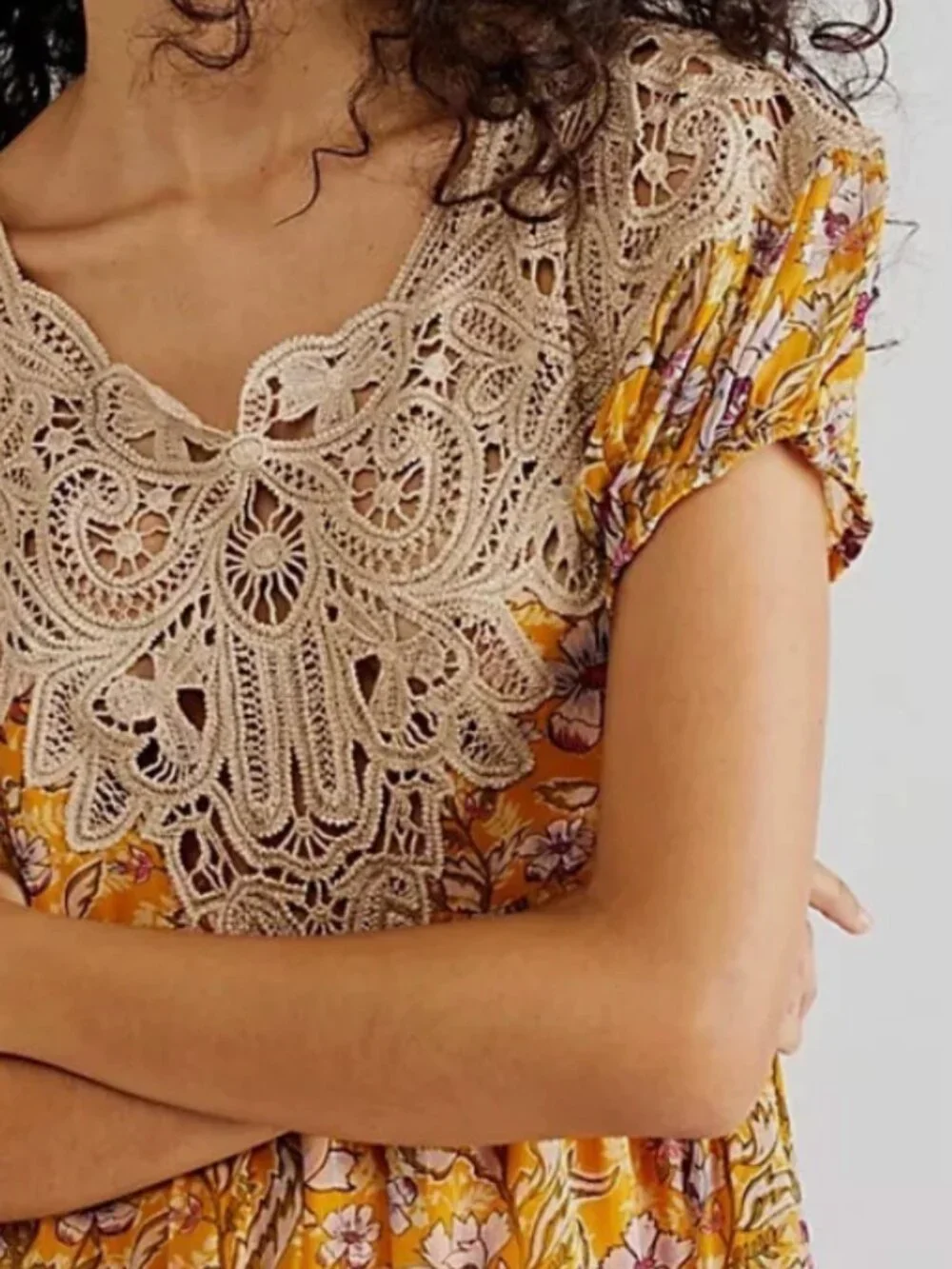 Free People Margot Floral Babydoll Mini Dress XS Yellow Lace Pockets